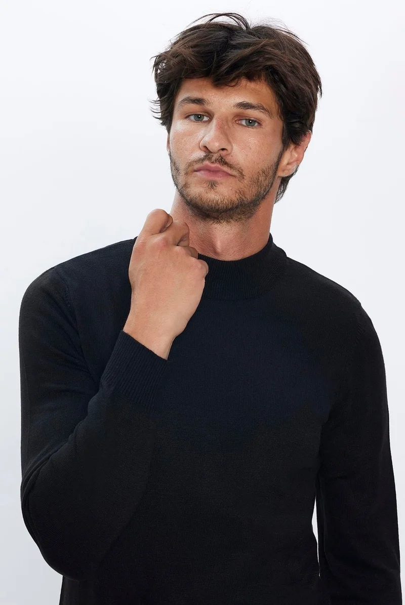 Tudors Slim Fit Narrow Cut Half Turtleneck Non-Pilling Soft Textured Black Men's Sweater