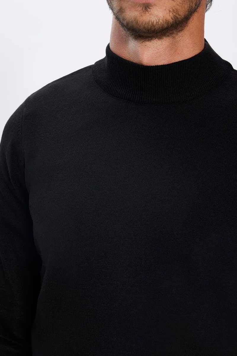 Tudors Slim Fit Narrow Cut Half Turtleneck Non-Pilling Soft Textured Black Men's Sweater