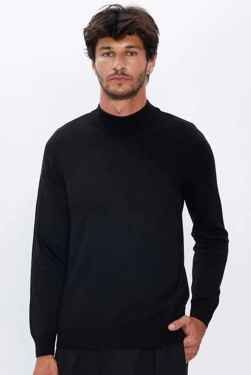 Tudors Slim Fit Narrow Cut Half Turtleneck Non-Pilling Soft Textured Black Men's Sweater