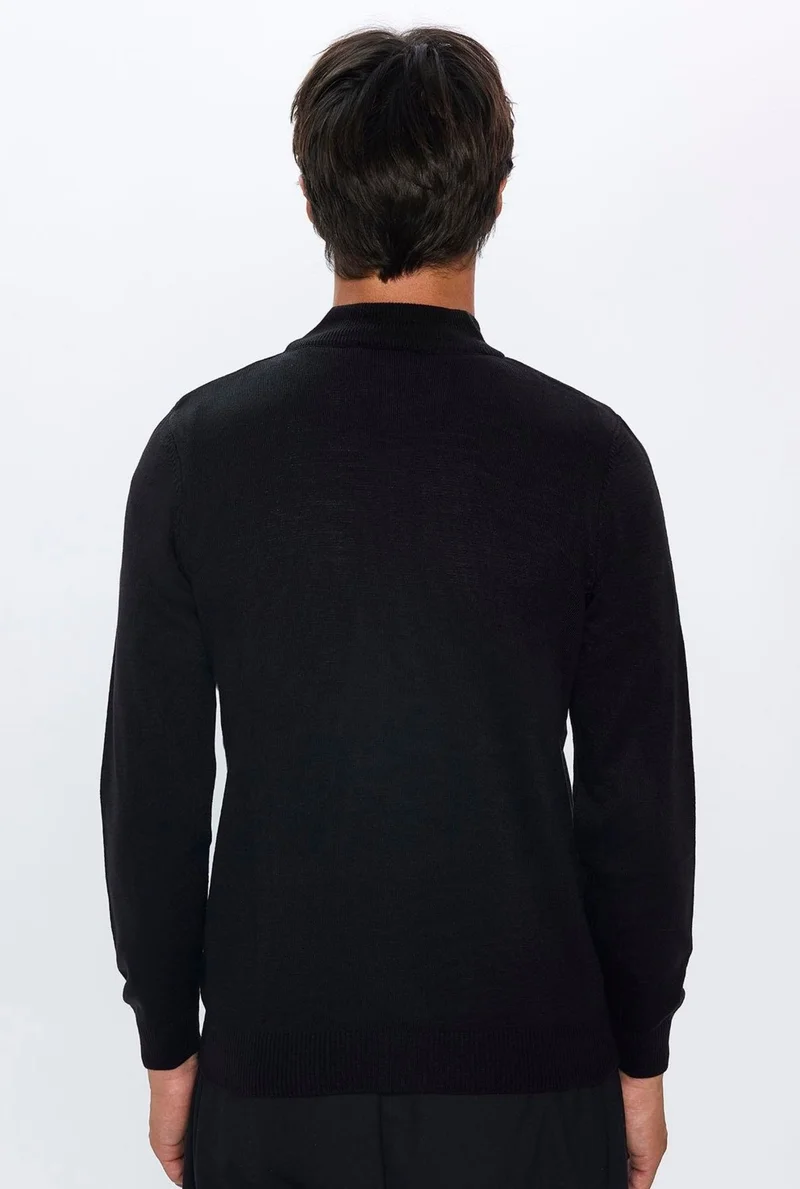 Tudors Slim Fit Narrow Cut Half Turtleneck Non-Pilling Soft Textured Black Men's Sweater