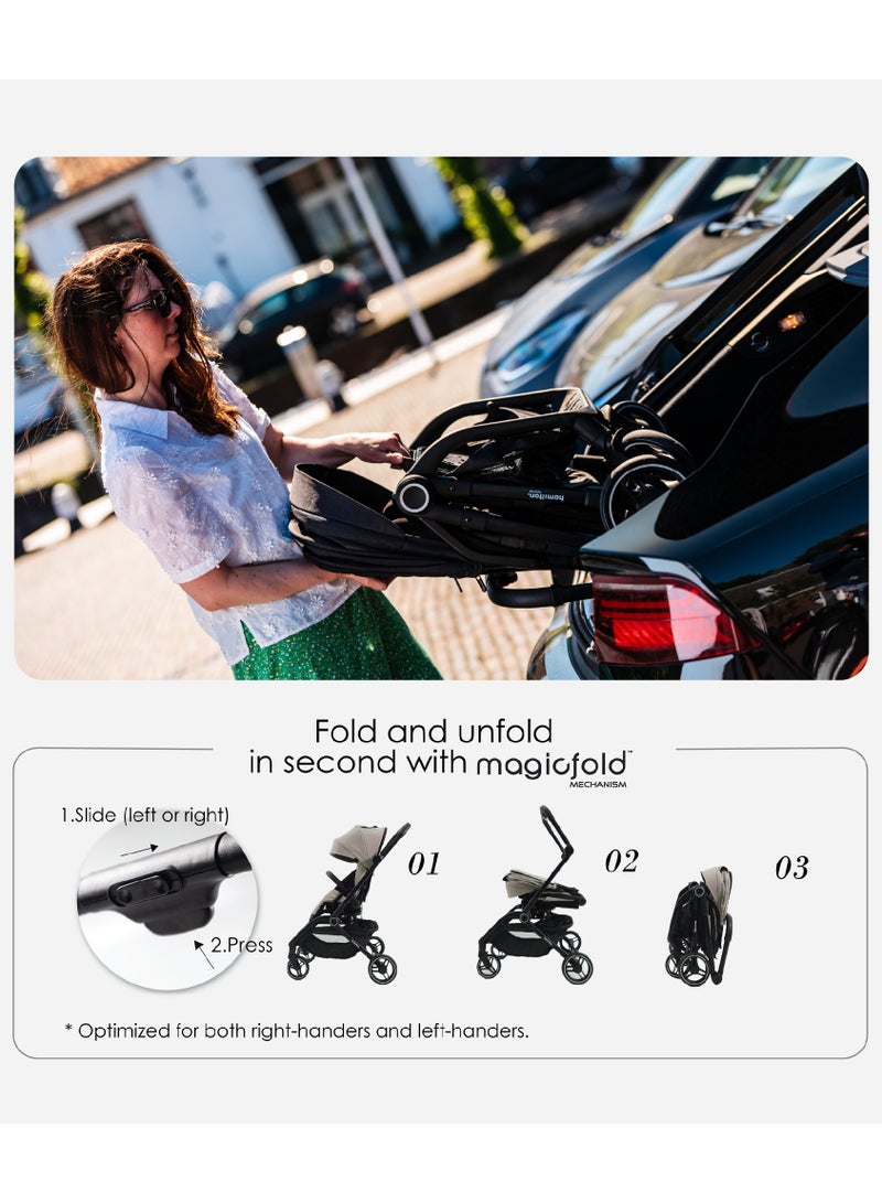 Hamilton T1 Buggy – 360° Rotating Seat – MagicFold™ Technology, Foldable, Reflective Wheels with Suspension, Includes Protective Bag and Cup Holder, Adjustable and Manoeuvrable Pushchair, Lightweight Stroller, Folding Buggy - Image 4