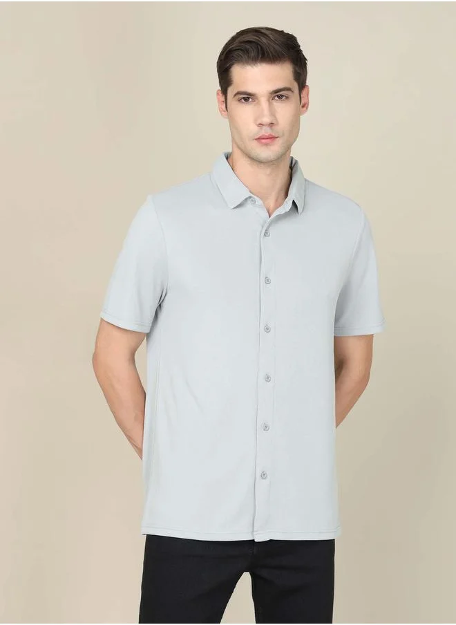 تكنوسبورت Solid Full Button Shirt with Short Sleeves