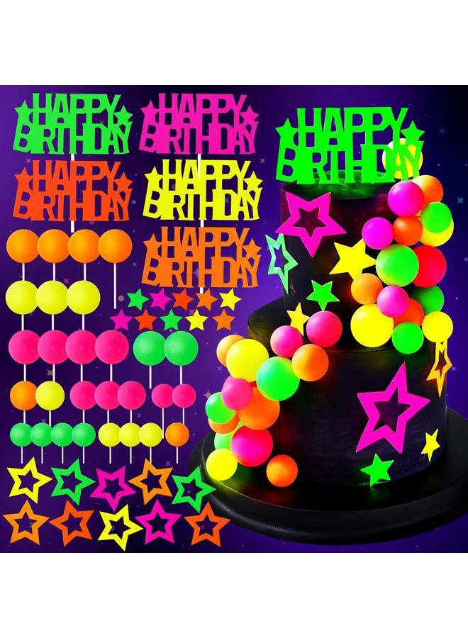 Zafena 53pcs Neon Cake Decorations Glow Cake Toppers with Ball Star and Happy Birthday Toppers UV Reactive for Glow in the Dark Neon Black Light Party Birthday Decorations - Image 1
