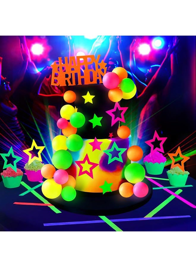 Zafena 53pcs Neon Cake Decorations Glow Cake Toppers with Ball Star and Happy Birthday Toppers UV Reactive for Glow in the Dark Neon Black Light Party Birthday Decorations - Image 5