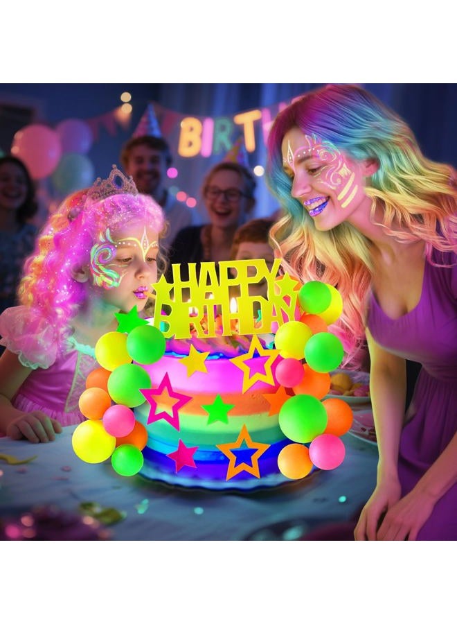 Zafena 53pcs Neon Cake Decorations Glow Cake Toppers with Ball Star and Happy Birthday Toppers UV Reactive for Glow in the Dark Neon Black Light Party Birthday Decorations - Image 4