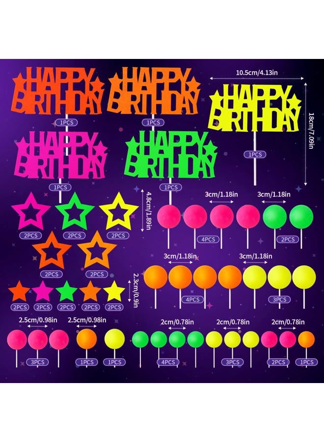 Zafena 53pcs Neon Cake Decorations Glow Cake Toppers with Ball Star and Happy Birthday Toppers UV Reactive for Glow in the Dark Neon Black Light Party Birthday Decorations - Image 2