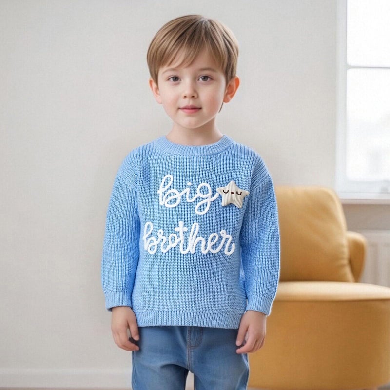 allshope Toddler Baby Boy Fall Outfit Knit Sweater Star Decor Big Brother Bro Letter Embroidery Top Sweatshirt Infant Clothes (Color Blue, 18-24 Months) - Image 3