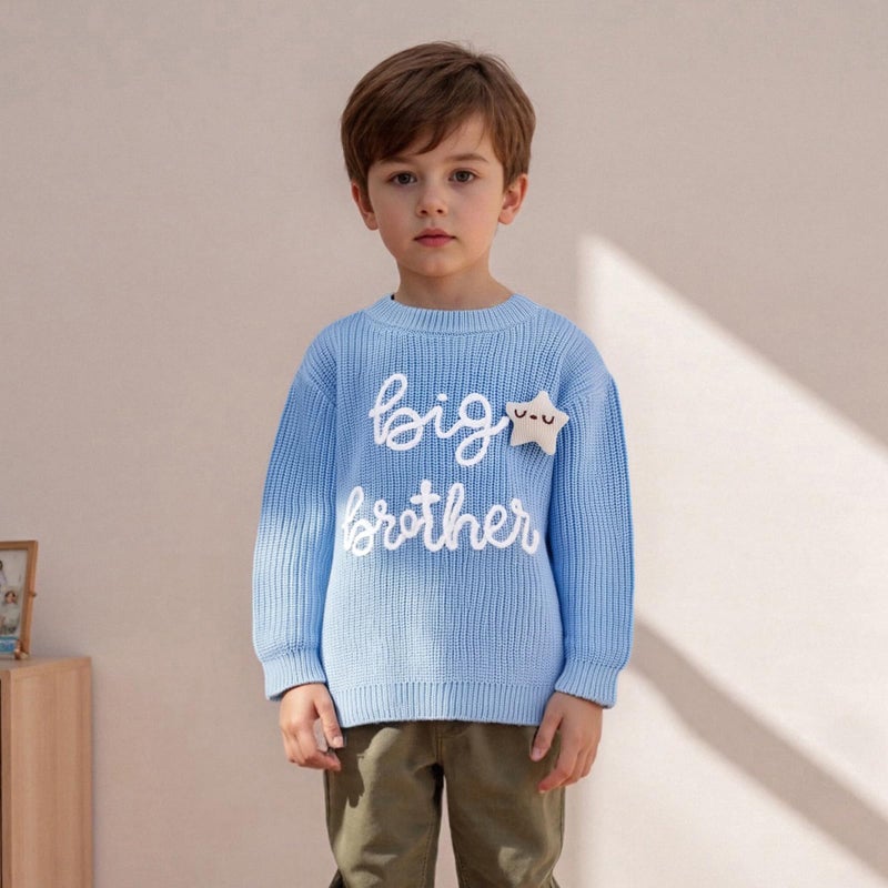 allshope Toddler Baby Boy Fall Outfit Knit Sweater Star Decor Big Brother Bro Letter Embroidery Top Sweatshirt Infant Clothes (Color Blue, 18-24 Months) - Image 5