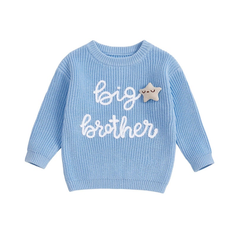 allshope Toddler Baby Boy Fall Outfit Knit Sweater Star Decor Big Brother Bro Letter Embroidery Top Sweatshirt Infant Clothes (Color Blue, 18-24 Months) - Image 1