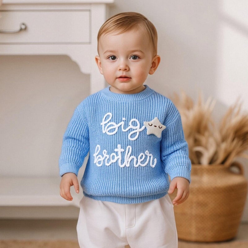 allshope Toddler Baby Boy Fall Outfit Knit Sweater Star Decor Big Brother Bro Letter Embroidery Top Sweatshirt Infant Clothes (Color Blue, 18-24 Months) - Image 4
