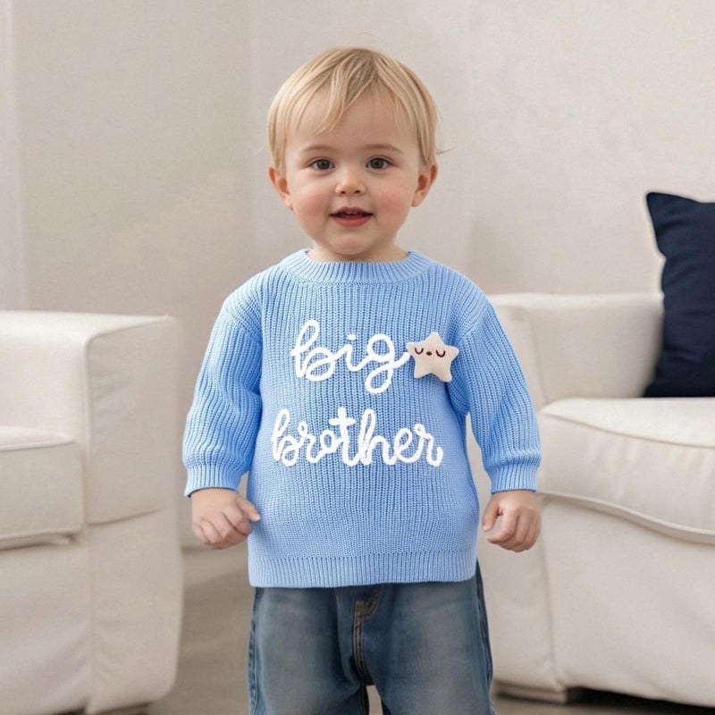allshope Toddler Baby Boy Fall Outfit Knit Sweater Star Decor Big Brother Bro Letter Embroidery Top Sweatshirt Infant Clothes (Color Blue, 18-24 Months) - Image 2