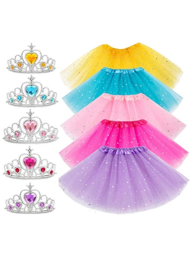 Tutu Crown Suit for Girls, Princess Dress Up Sequined Mesh Skirt Tutu Crown Accessories Tiara, Girls Costumes for Birthday Party, Prom, Gift 10 Pcs - Image 1