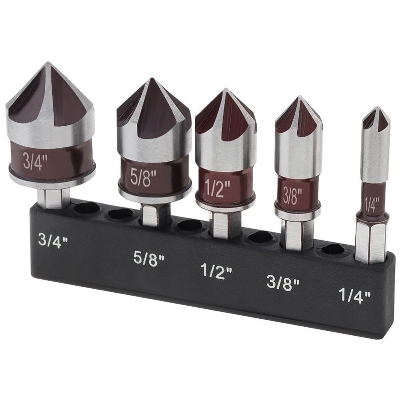 5PCS Countersink Drill Bit Set Premium HSS Countersink Drill Bit with 82Degree 5 Flutes 14 Inch QuickChange Hex Shank 14 Inch to 34 Inch Size Counter Sink Drill Bits for Wood Metal Plastic