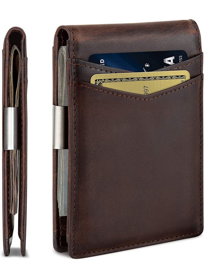 CONTACTS Contacts Genuine Leather Money Clip Wallet Slim Front Pocket RFID Blocking Card Holder Minimalist Mini Bifold for Men's (Brown), 11 Card Slot  - Image 1