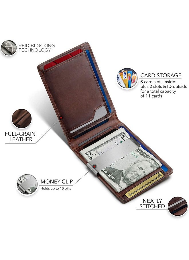 CONTACTS Contacts Genuine Leather Money Clip Wallet Slim Front Pocket RFID Blocking Card Holder Minimalist Mini Bifold for Men's (Brown), 11 Card Slot  - Image 5