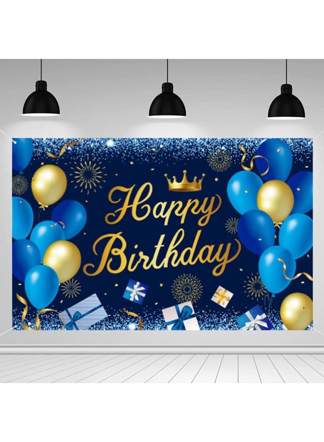 LINGPAR Happy Birthday Back Drop Banner Blue Gold Backdrop Decorations Party Decor Photo Shooting Background Accessories Large Balloon Gift Sign for Men Women Kids - Image 1