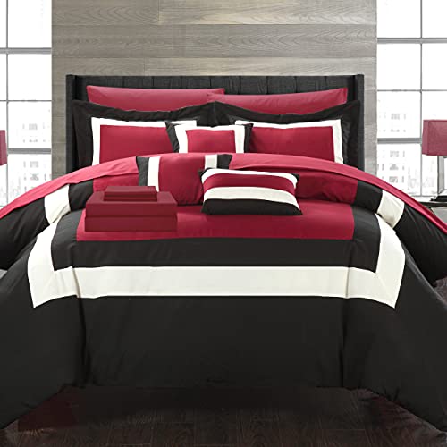 Chic Home Duke King Comforter Set 10-Piece, Colorblocked Comforter King Size with 2 Shams, 3 Pillows and King Bedding Set (Red) - Image 1