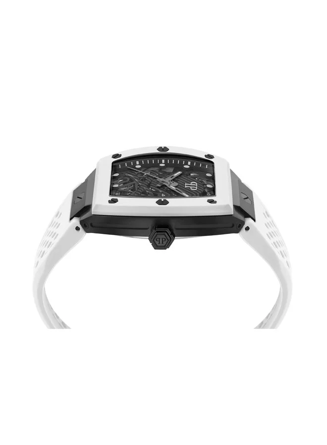 فيليب بلين THE $KELETON Philipp Plein Men's Watch, Skeleton Dial, Ivory & Black Metal Contrast, Rugged Stainless Steel Case, Silicone Strap, 44x49.5mm, 50m Water Resistant, Automatic Movement