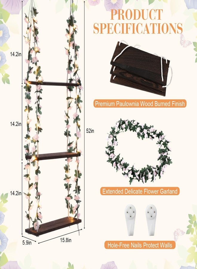 AceOrbit 3 Tier Wood Floating Shelves with Pink Flowers Greenery, 15.8"x52" Hanging Boards with Rope, Boho Hanging Shelves Farmhouse Wall Decor for Bedroom, Living Room, Rustic Storage - Image 2