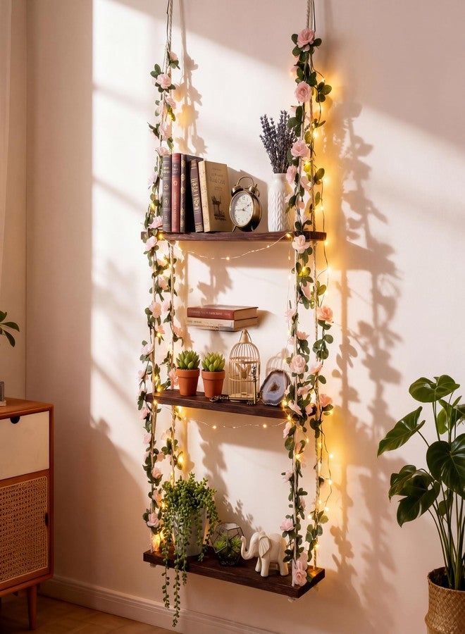 AceOrbit 3 Tier Wood Floating Shelves with Pink Flowers Greenery, 15.8"x52" Hanging Boards with Rope, Boho Hanging Shelves Farmhouse Wall Decor for Bedroom, Living Room, Rustic Storage - Image 3