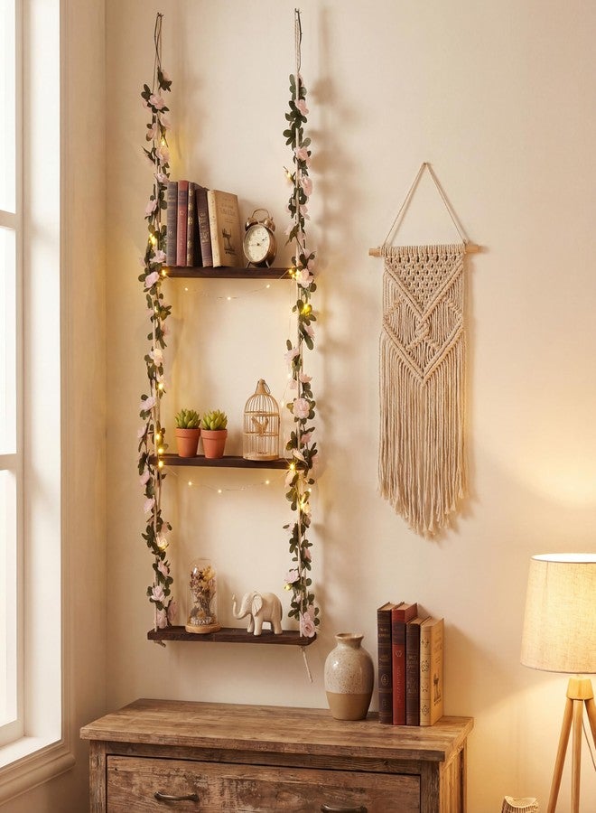 AceOrbit 3 Tier Wood Floating Shelves with Pink Flowers Greenery, 15.8"x52" Hanging Boards with Rope, Boho Hanging Shelves Farmhouse Wall Decor for Bedroom, Living Room, Rustic Storage - Image 4
