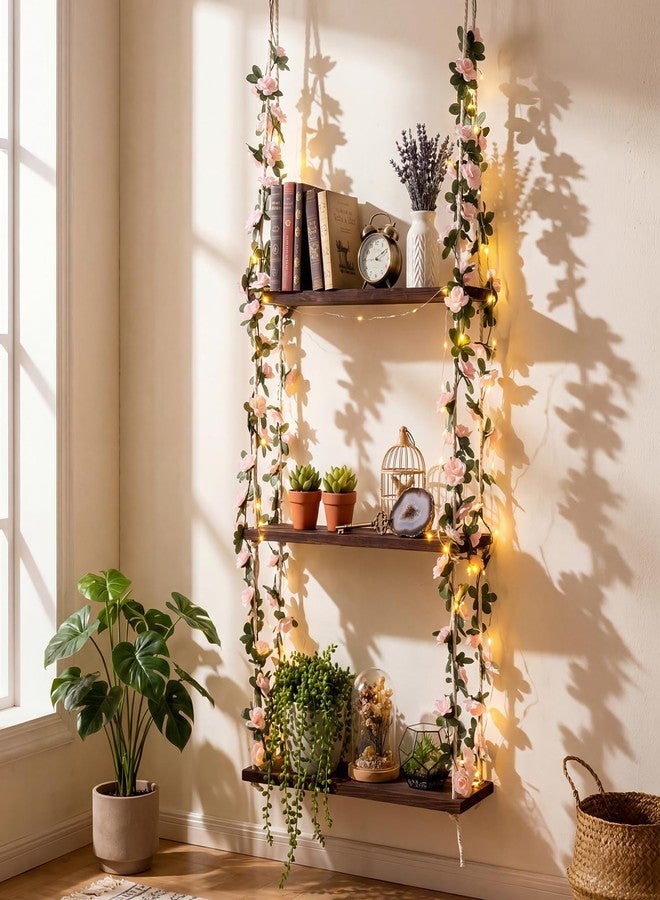 AceOrbit 3 Tier Wood Floating Shelves with Pink Flowers Greenery, 15.8"x52" Hanging Boards with Rope, Boho Hanging Shelves Farmhouse Wall Decor for Bedroom, Living Room, Rustic Storage - Image 1