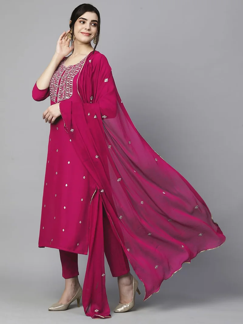 GoSriKi Women's Cotton Blend Embroidered Straight Kurta with Pant & Dupatta (Kasturi Pink-APL-GS_4XL_Pink_XXXX-Large)