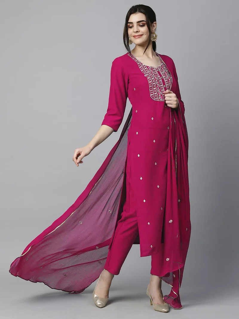 GoSriKi  GoSriKi Women's Cotton Blend Embroidered Straight Kurta with Pant & Dupatta (Kasturi Pink-APL-GS_4XL_Pink_XXXX-Large) for Women | Best Price UAE