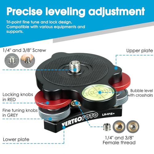 VERTECFOTO 【Upgraded+】 Tripod Leveling Base :Support 1/4" and 3/8" Both on top and Bottom， Bigger Bubble Level w/Crosshair, Fine Leveling Faster; Enlarged Lock knobs, Lock Easier,; Max Load 33 Ib - Image 2