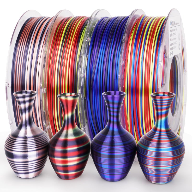 AMOLEN Silk PLA 3D Printer Filament Bundle, Shiny Multicolor Rainbow PLA Filament 1.75mm Pack, Fast Color Change PLA 3D Printing Filament for Most FDM 3D Printer, 200g X 4 Spools - Image 1