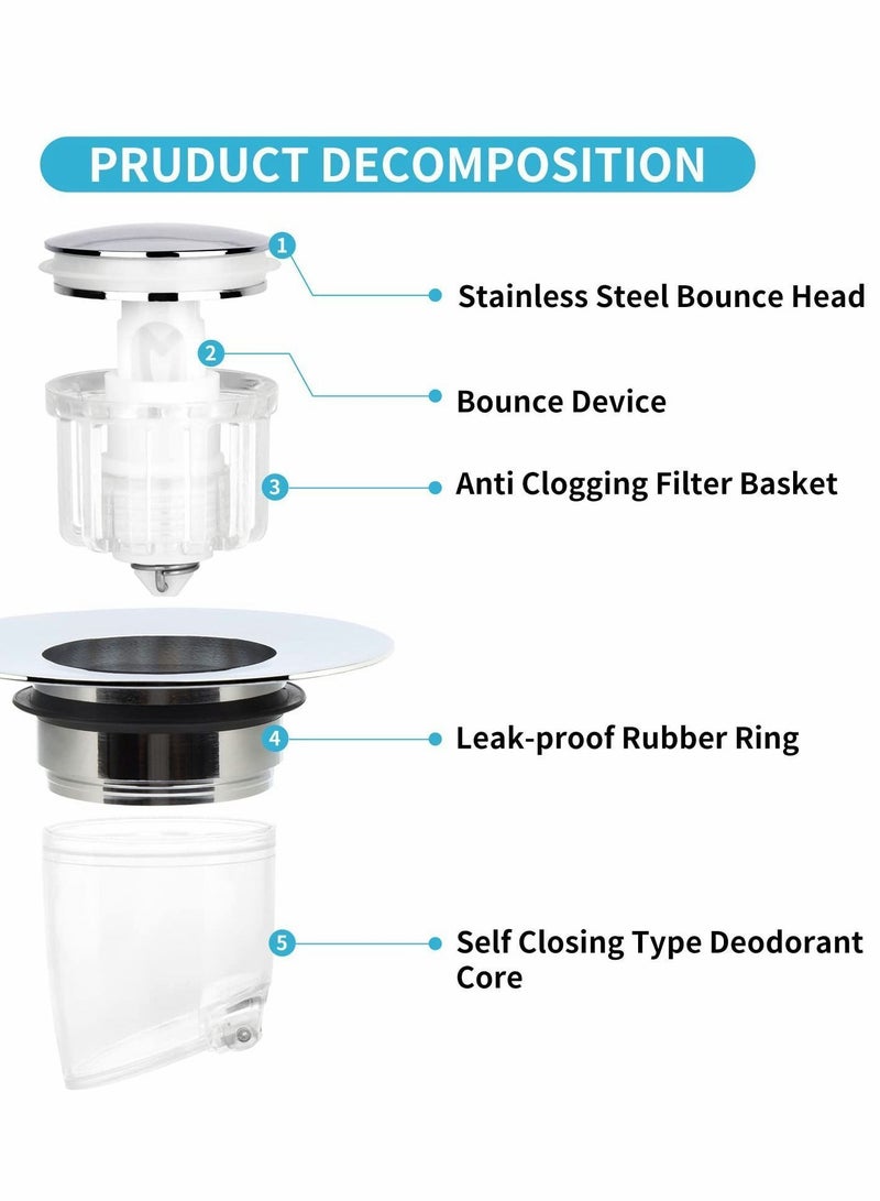 Bathroom Sink Stopper, Pop Up Drain Strainer, Anti Clogging Filter with Hair Catcher, Plug for 1.34 ~1.57 Holes, Prevents - Image 3