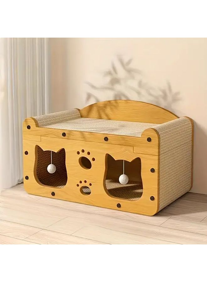 Brown 2 in 1 Cat Scratching Board and Cozy Cave Bed with Hanging Ball Toy for Indoor Cats - Image 3