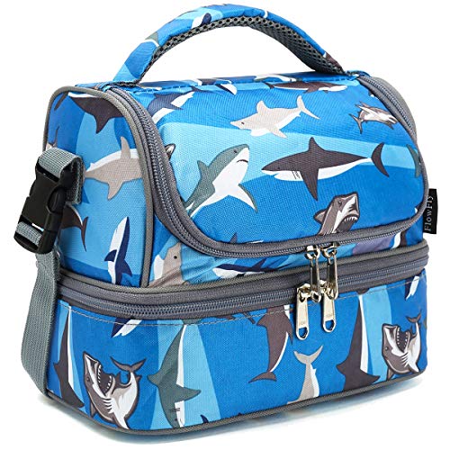 FlowFly Kids Double Decker Cooler Insulated Lunch Bag Large Tote for Boys, Girls, Men, Women, With Adjustable Strap, Shark - Image 1