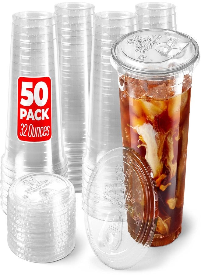 Shop Square 32 oz Plastic Cups with Strawless Sip Lids (50 Pack) - Disposable Clear Cups for Iced Coffee, Boba, Milk Tea, Smoothies, and Fruit Shakes - Image 1