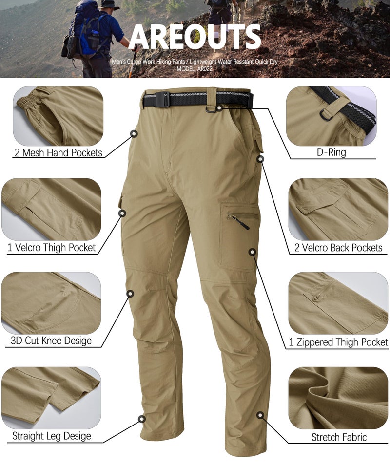 AREOUTS Men's Cargo Work Hiking Pants Lightweight Water Resistant Quick Dry Fishing Travel Camping Outdoor Breathable Multi Pockets Khaki M - Image 5