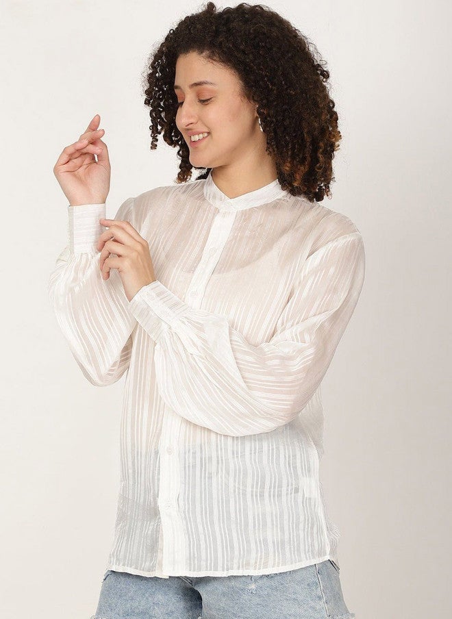 Pretilly White Vertical Striped Casual Shirt for Women - Image 4