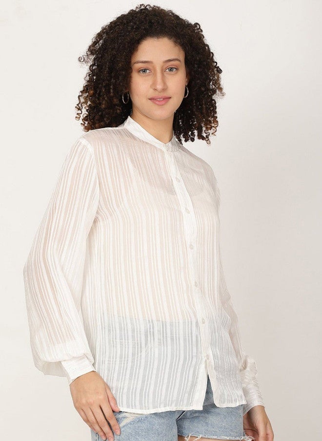 Pretilly White Vertical Striped Casual Shirt for Women - Image 3