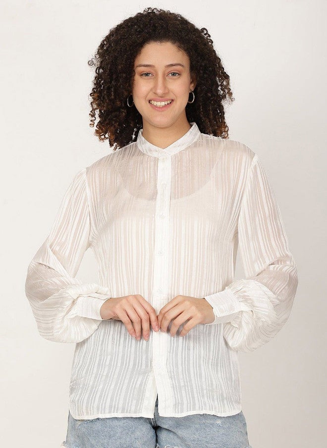 Pretilly White Vertical Striped Casual Shirt for Women - Image 1