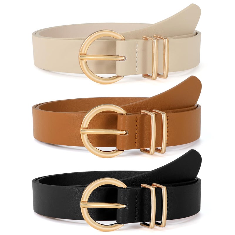 VONMELLI 3 Pack Women's Belts for Jeans Dresses Leather Belts for Women Ladies Waist Belt with Gold Buckle, Black Brown Beige M - Image 1