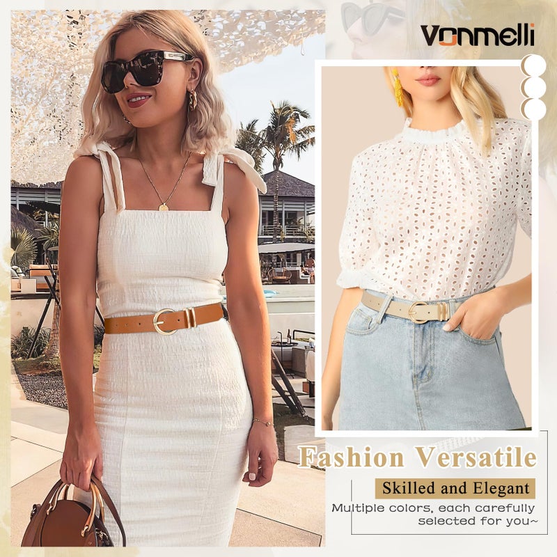 VONMELLI 3 Pack Women's Belts for Jeans Dresses Leather Belts for Women Ladies Waist Belt with Gold Buckle, Black Brown Beige M - Image 4