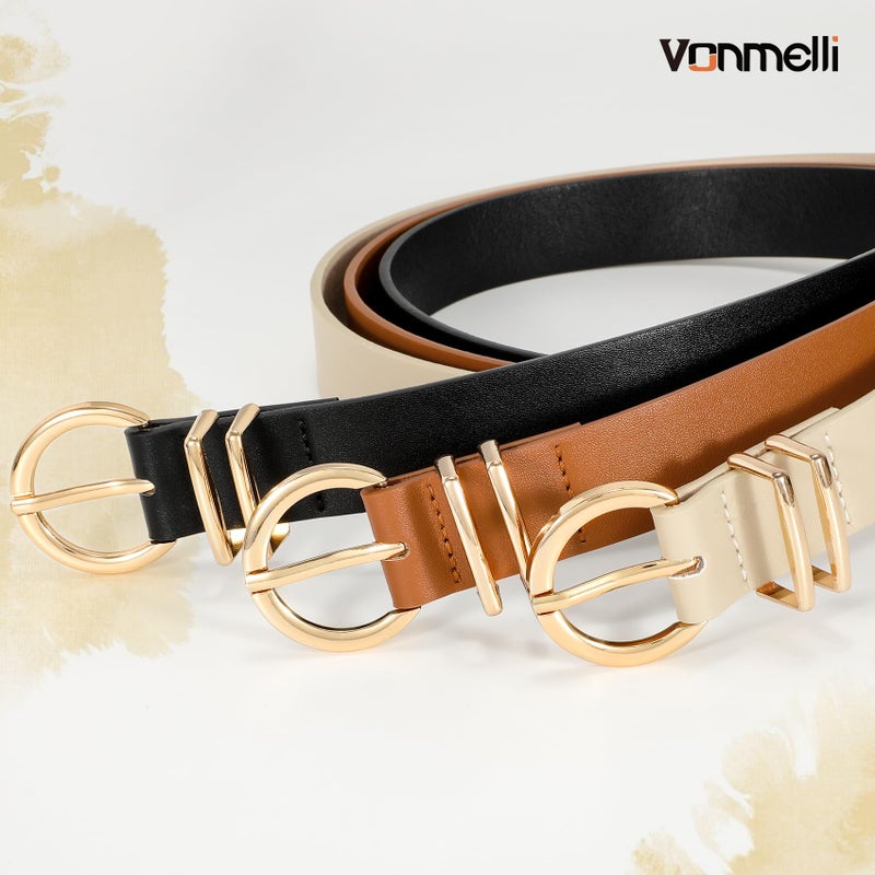 VONMELLI 3 Pack Women's Belts for Jeans Dresses Leather Belts for Women Ladies Waist Belt with Gold Buckle, Black Brown Beige M - Image 2