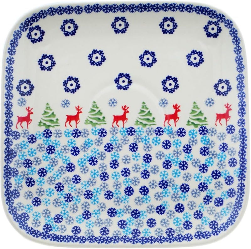 Polmedia Polish Pottery Authentic Polish Pottery Square Plate in Ring Around The Reindeer Design Handmade in Bolesawiec Poland  Certificate of Authenticity  - Image 1