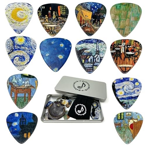 Pick-a-Palooza Impressionist Guitar Picks Gift Set For Guitarist - 12 Pack Light/Medium/Heavy, Custom Collectible Tin, Leather Pick Holder, Custom Drawstring Carry Bag - Image 1
