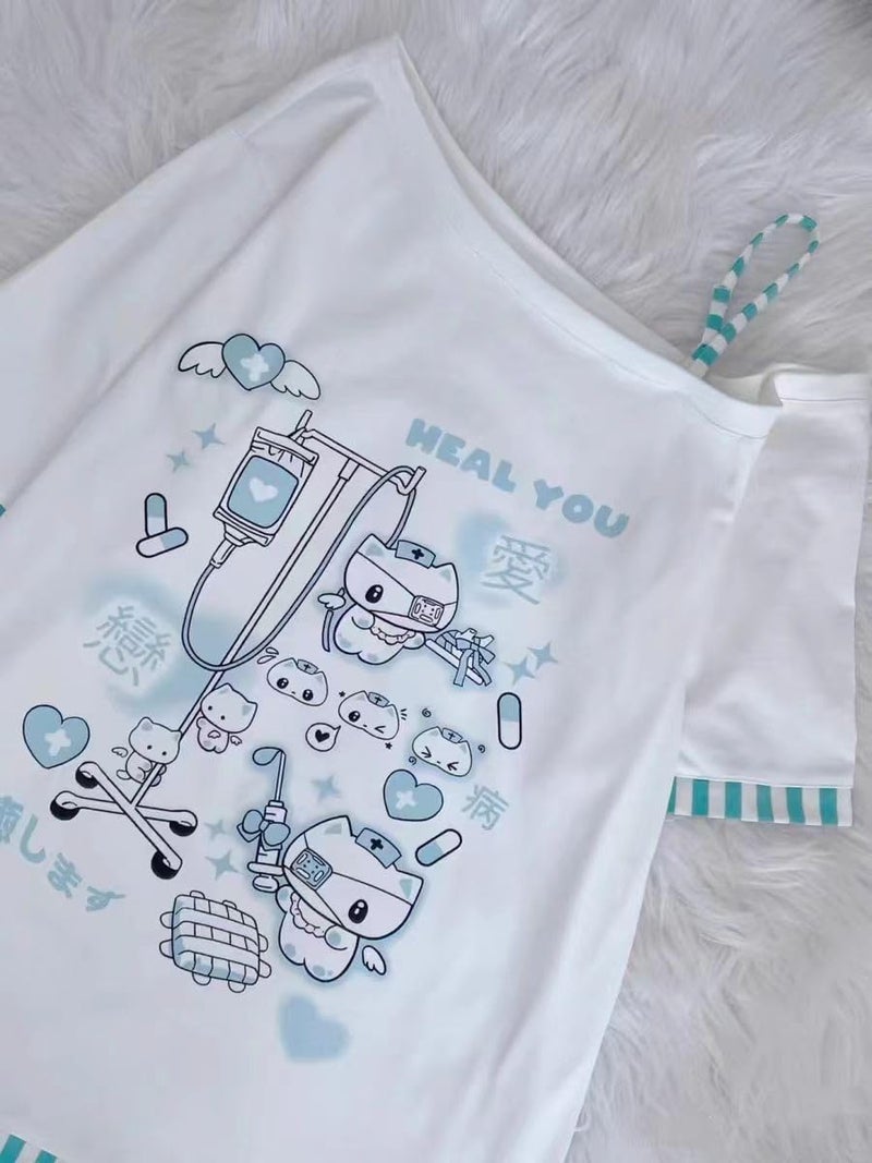 Dynict Y2k Kawaii Shirts for Women Cartoon Graphic Tees Off Shoulder Cutecore Shirts Harajuku Fashion Gothic Tops (Blue,Medium) - Image 5