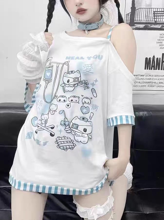 Dynict Y2k Kawaii Shirts for Women Cartoon Graphic Tees Off Shoulder Cutecore Shirts Harajuku Fashion Gothic Tops (Blue,Medium) - Image 2