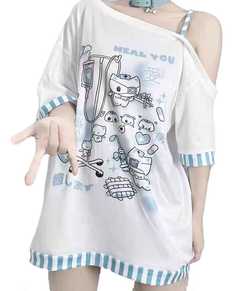 Dynict Y2k Kawaii Shirts for Women Cartoon Graphic Tees Off Shoulder Cutecore Shirts Harajuku Fashion Gothic Tops (Blue,Medium) - Image 1