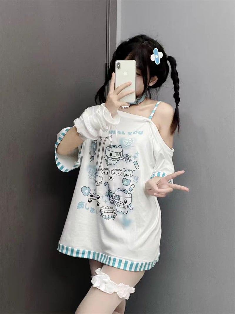 Dynict Y2k Kawaii Shirts for Women Cartoon Graphic Tees Off Shoulder Cutecore Shirts Harajuku Fashion Gothic Tops (Blue,Medium) - Image 4