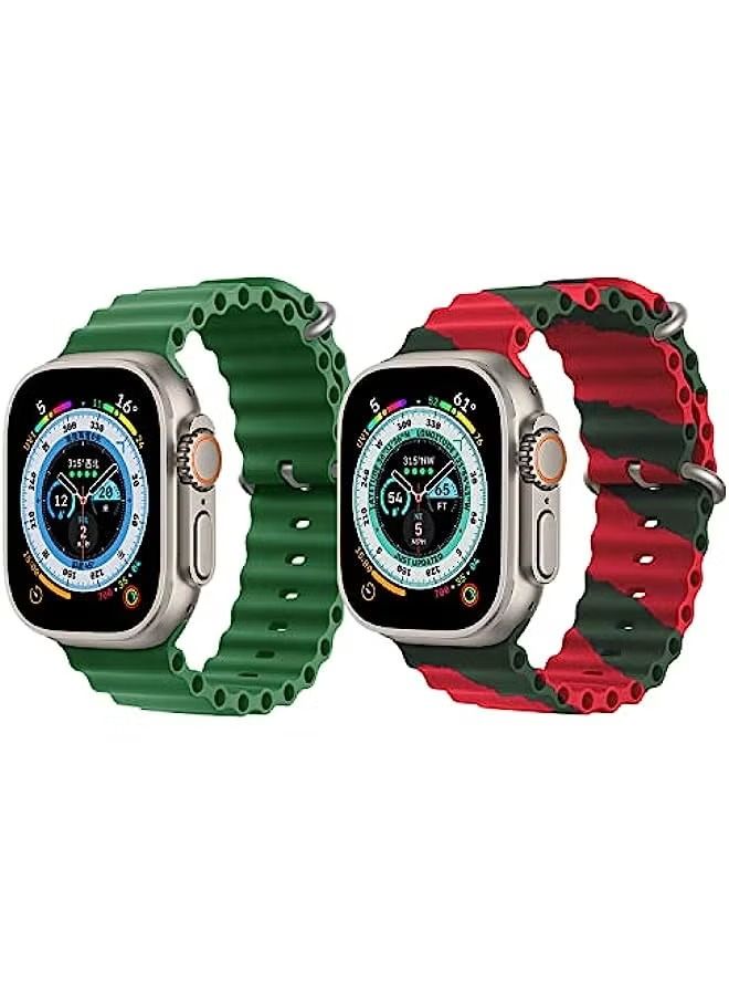 vesus Set of 2 Silicone Ocean Band Strap for Watch Ultra 8 49mm Green Single Color Strap with Red and Green Double Line Strap