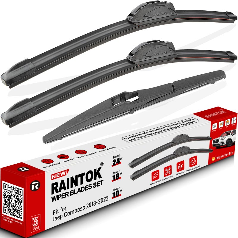 مجموعة شفرات مساحات الزجاج الأمامي RAINTOK بديل لسيارة جيب كومباس 2018-2022 بديل المعدات الأصلية شفرات المساحات الأمامية 241810 مجموعة من 3 UJ هوك