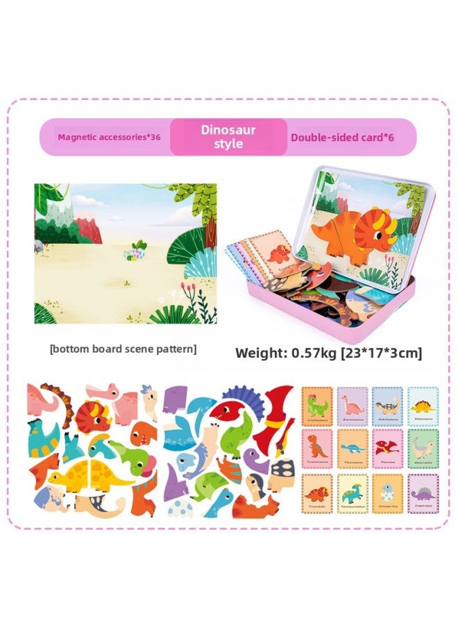 Iron Box Magnetic Dress Up Game Creative Combination Animal Dinosaur Vehicle Expression Varieties Creative Puzzle Toy-Color:XHN-Dinosaur - Image 1